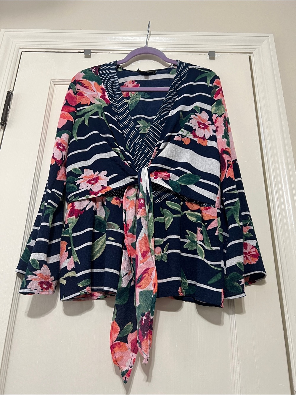 Melissa Paige Navy Floral Tie-Front Tunic with Pink Blooms